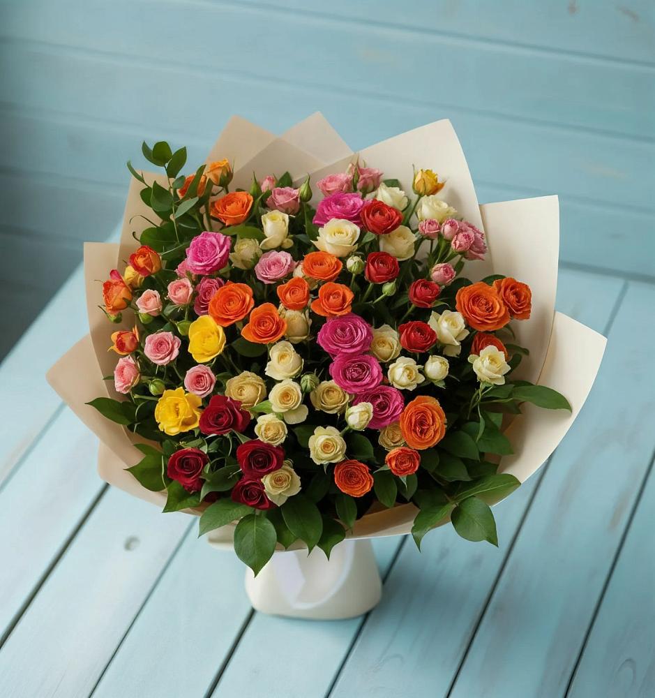 Букет Микс из разноцветных кустовых роз в Верхнем Любаже